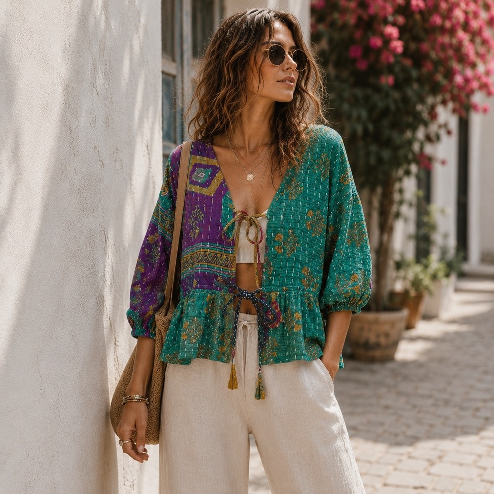Kantha Patchwork Quilted Kimono Tie Front Top OS Reversible Boho Artisan NEW